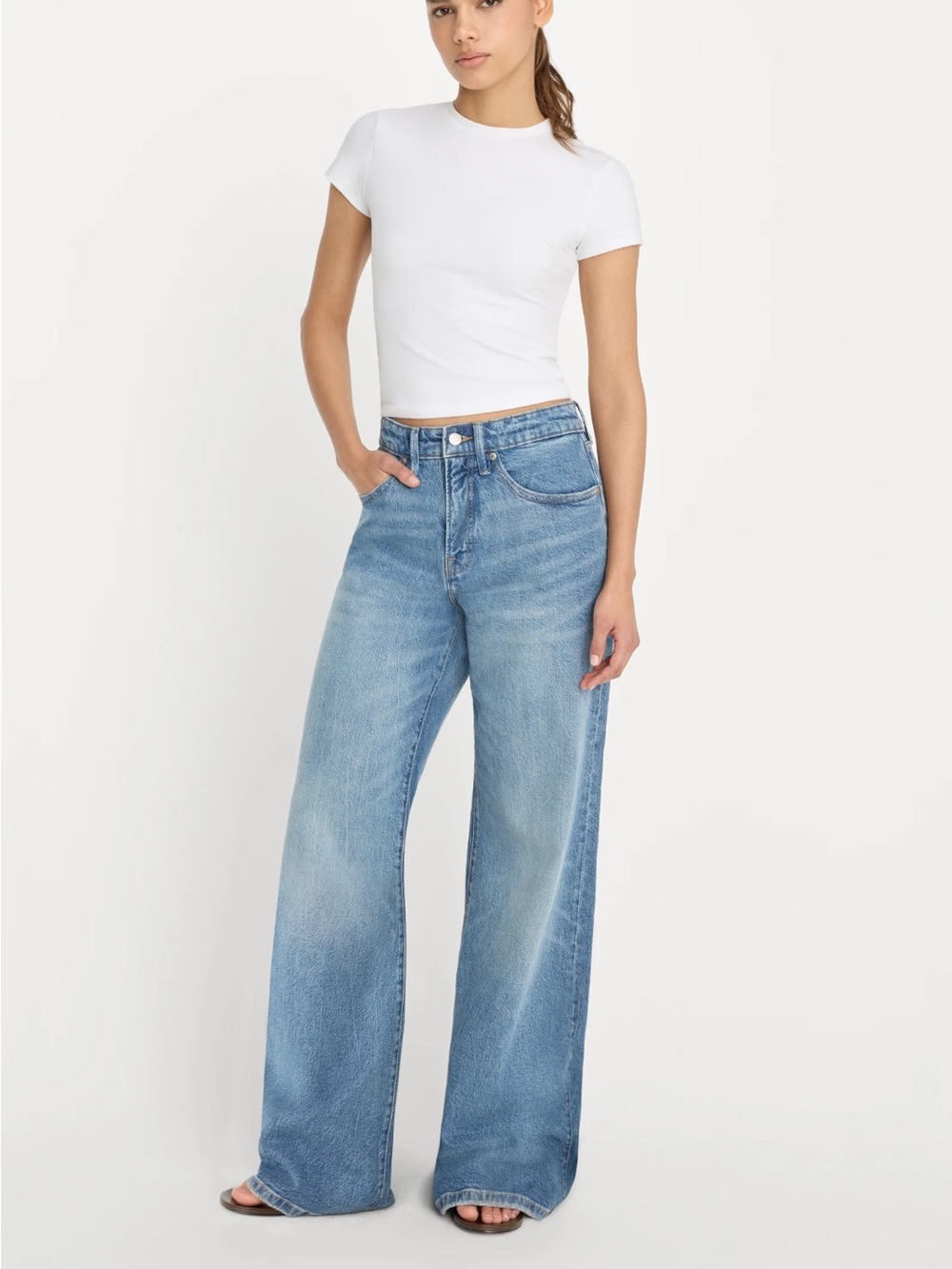 Good American Washed Light Blue Wide-Leg Flare Jeans